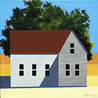 White sided house with a brown roof in front of a leafy green tree in front of a clear blue sky with golden fields in the background